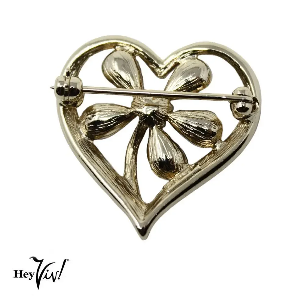 Vintage Monet Open Heart Pin Brooch Purple Rhinestone Flower Valentine - Hey Viv